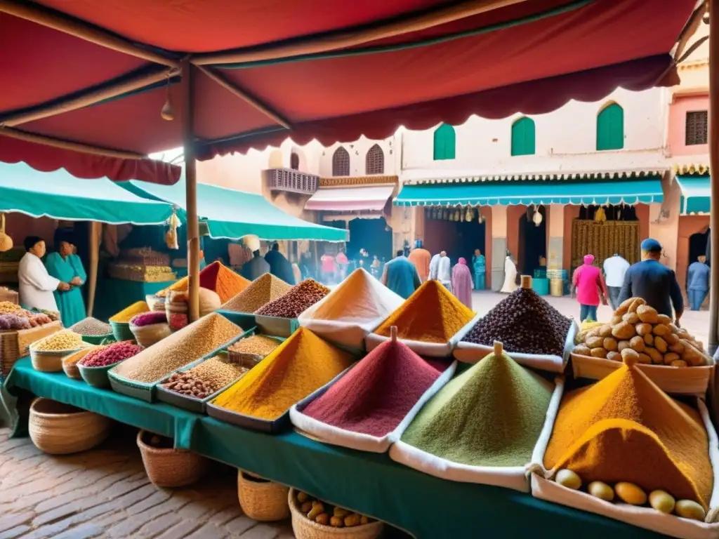 Un recorrido gastronómico por Marruecos cobra vida en un bullicioso mercado, con colores vibrantes y patrones intrincados