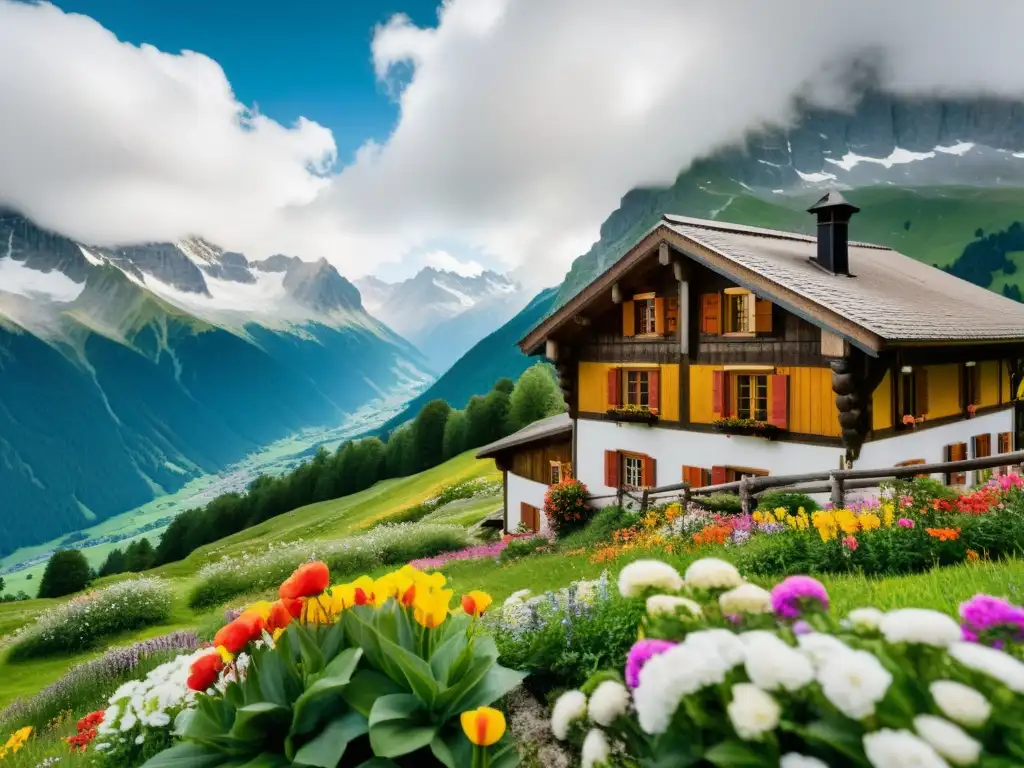 Refugio alpino tradicional entre picos nevados, con flores coloridas y paisaje montañoso