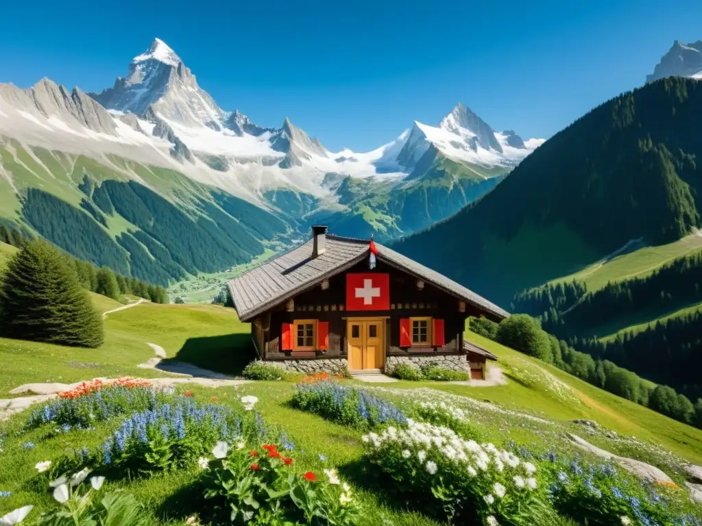 Un refugio alpino tradicional rodeado de picos nevados, con la bandera suiza ondeando y montañeros descansando