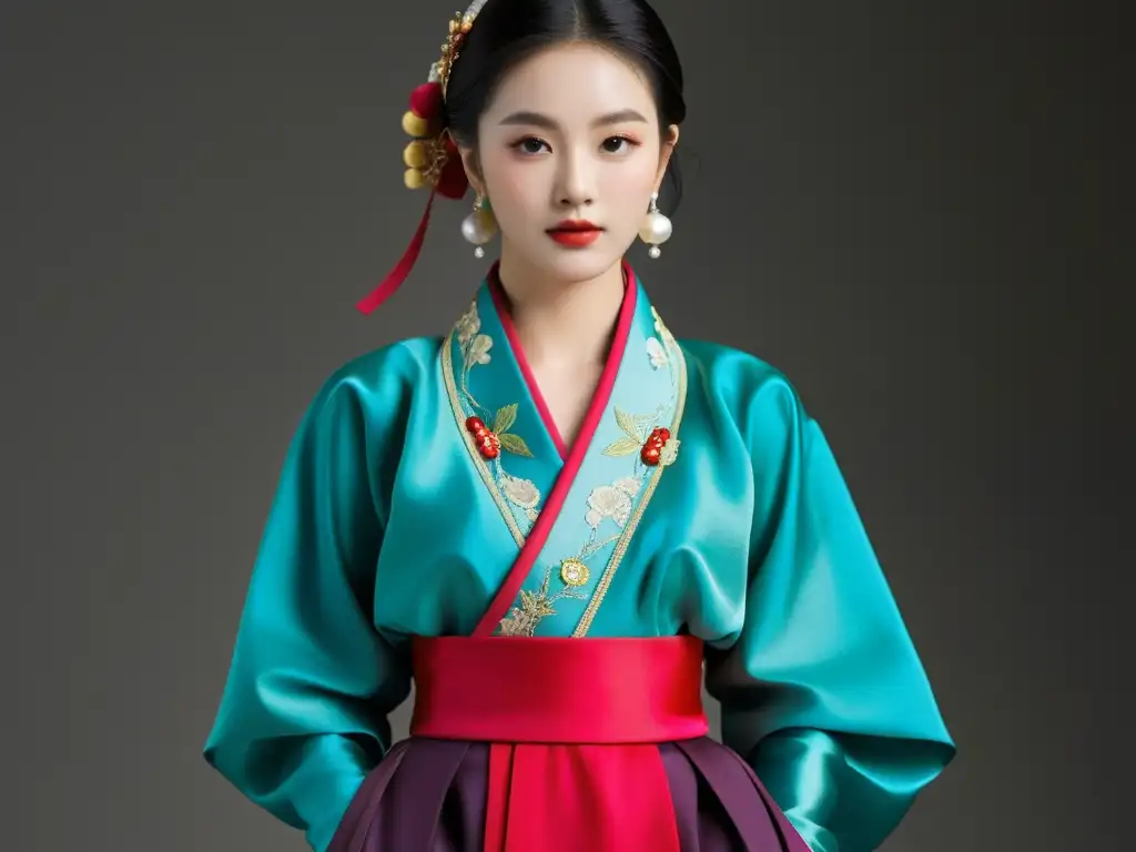 Una reinterpretación moderna del Hanbok destaca bordados intrincados y colores vibrantes