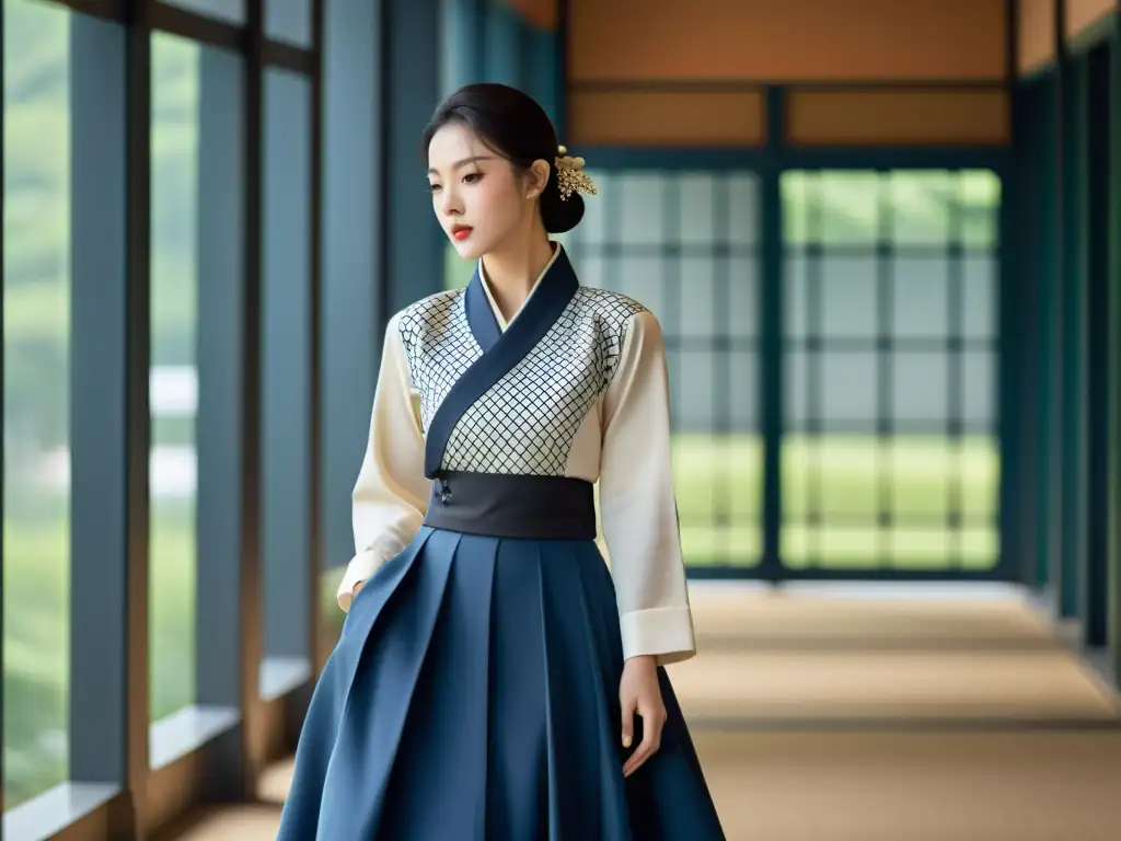 Una reinterpretación moderna del Hanbok coreano en moda, con colores vibrantes y detalles contemporáneos, llevada con confianza en un entorno urbano