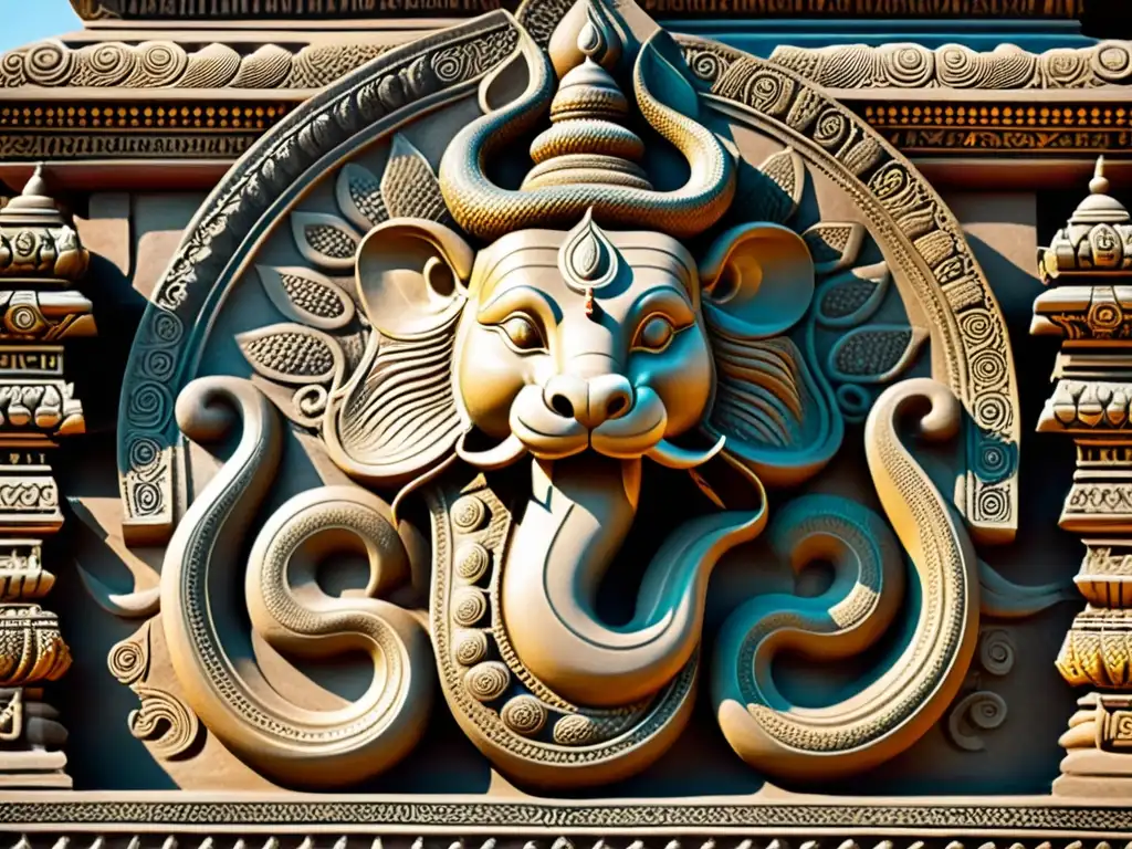 Relieve detallado de Nagas en un templo hindú, mostrando serpientes coiled alrededor de un lingam sagrado