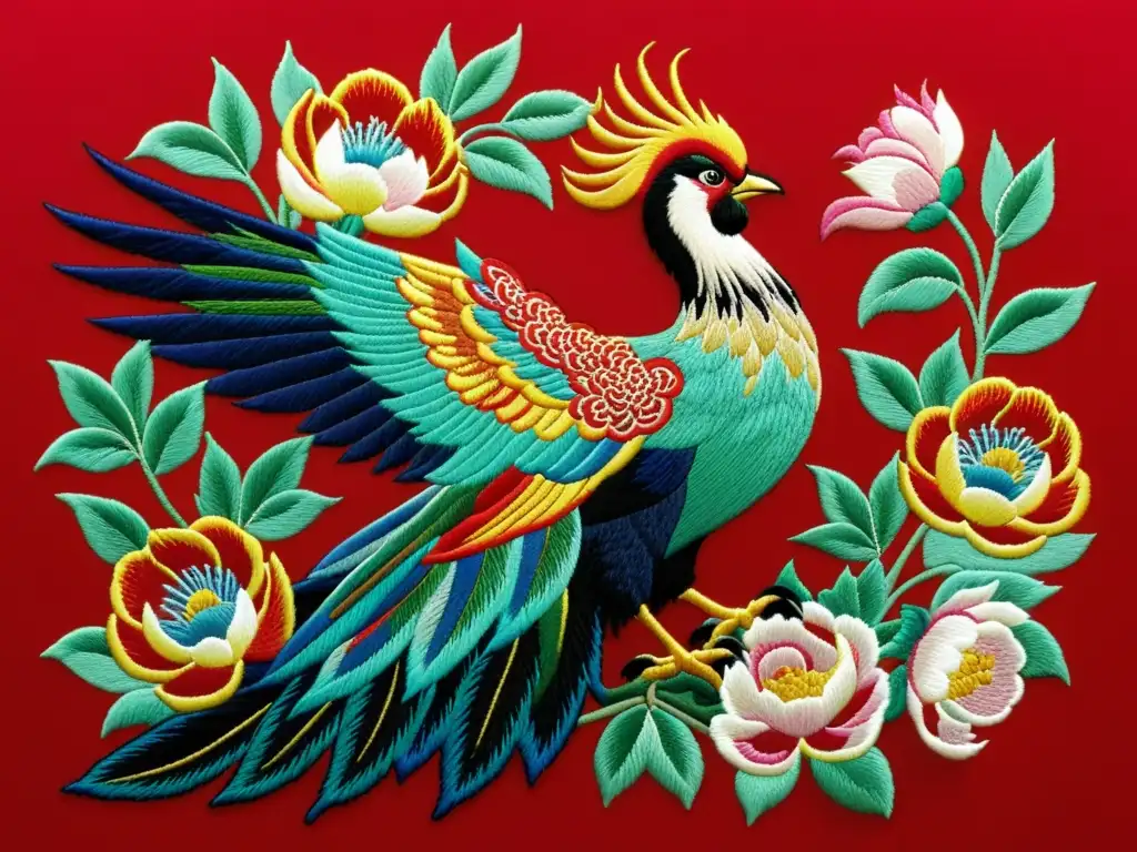 Renacimiento del bordado chino: Fenix bordado en Su Xiu con detalles meticulosos y colores vibrantes, sobre un fondo de peonías en flor