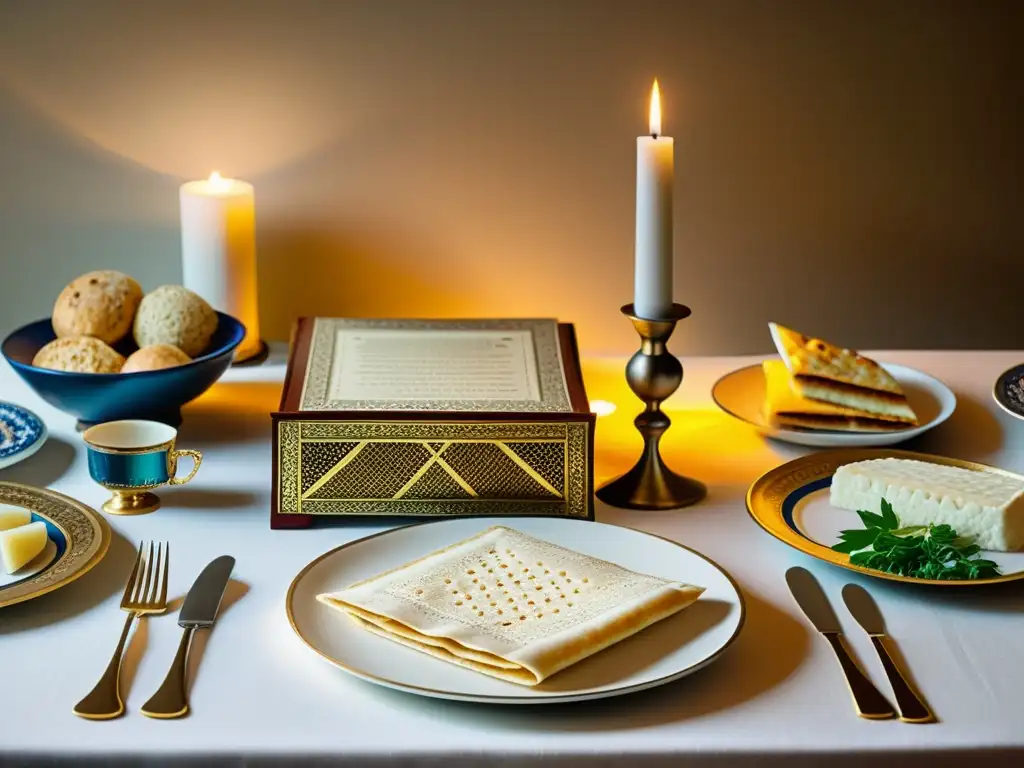 Una representación detallada de una mesa de Seder judía, con elementos simbólicos y miembros de la familia participando en el ritual