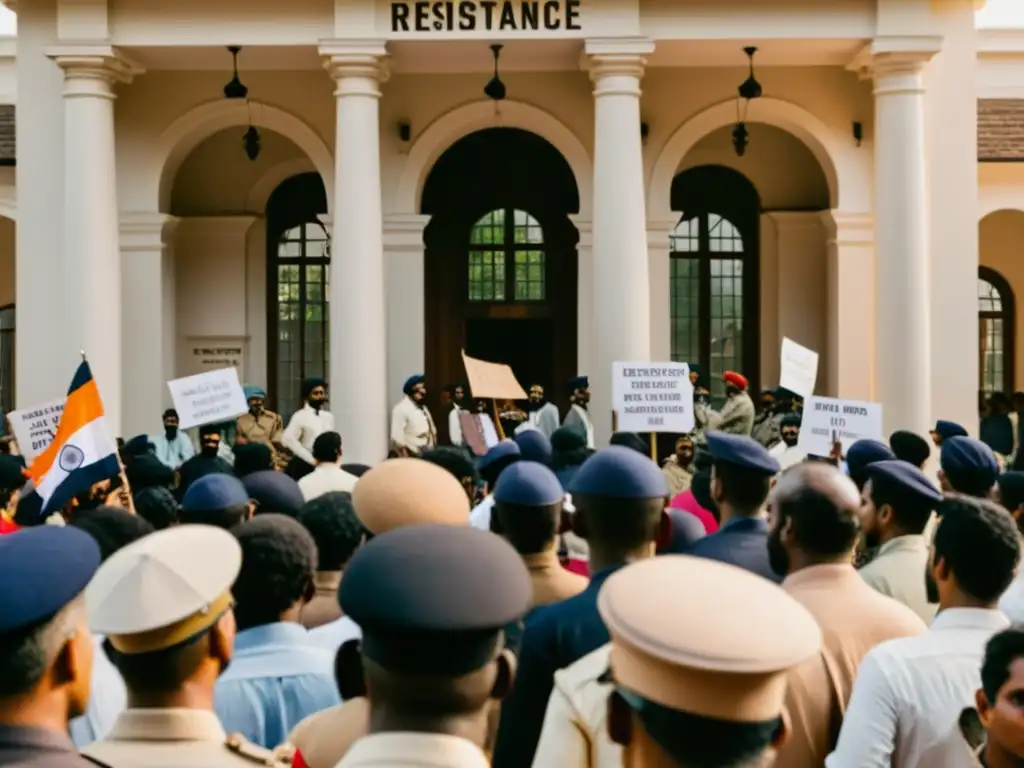 Manifestación de resistencia india frente a soldados británicos en la era colonial