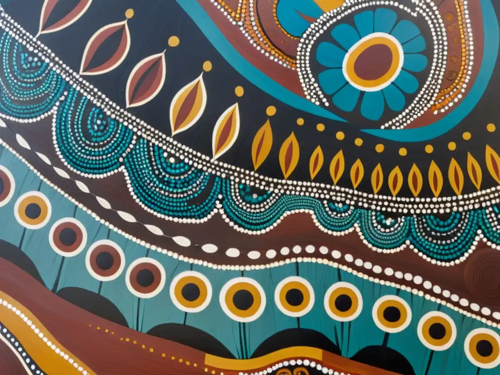 Una fotografía en alta resolución de una pintura en corteza aborigen, con colores terrosos y detalles intrincados