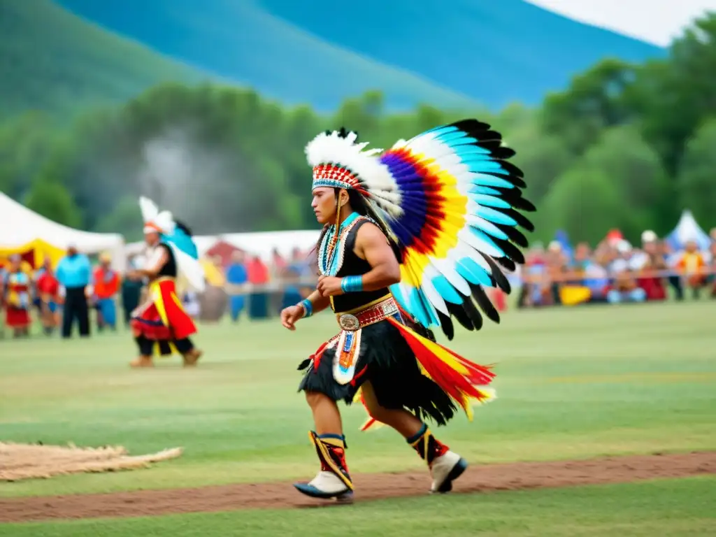 Una fotografía de alta resolución de un powwow tradicional nativo americano, con regalía colorida, bordados intrincados y plumas vibrantes