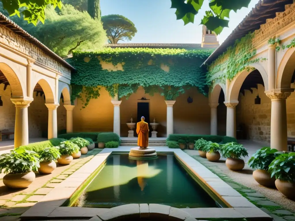 Retiros espirituales en monasterios históricos: Monjes meditando en un antiguo claustro, rodeados de naturaleza, piedra centenaria y agua serena