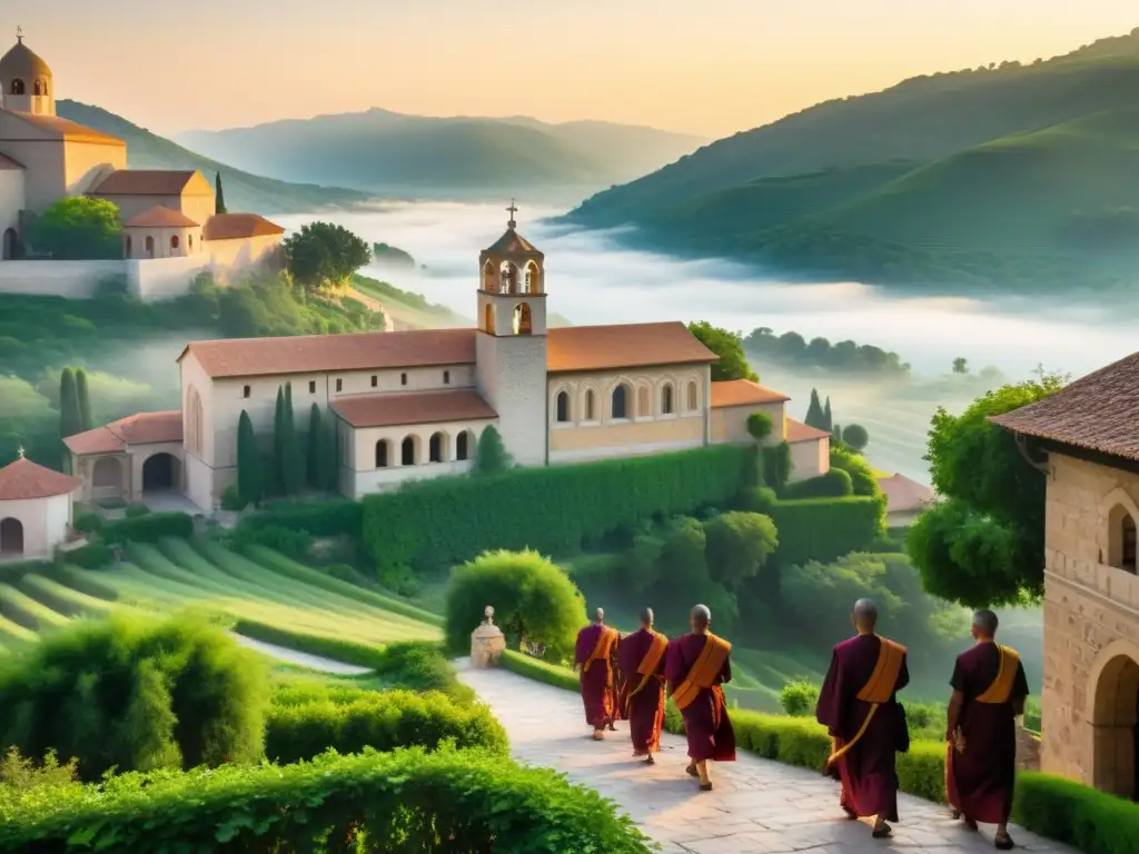 Retiros espirituales en monasterios históricos: Monasterio europeo centenario en colinas verdes, con monjes y atmósfera serena al amanecer