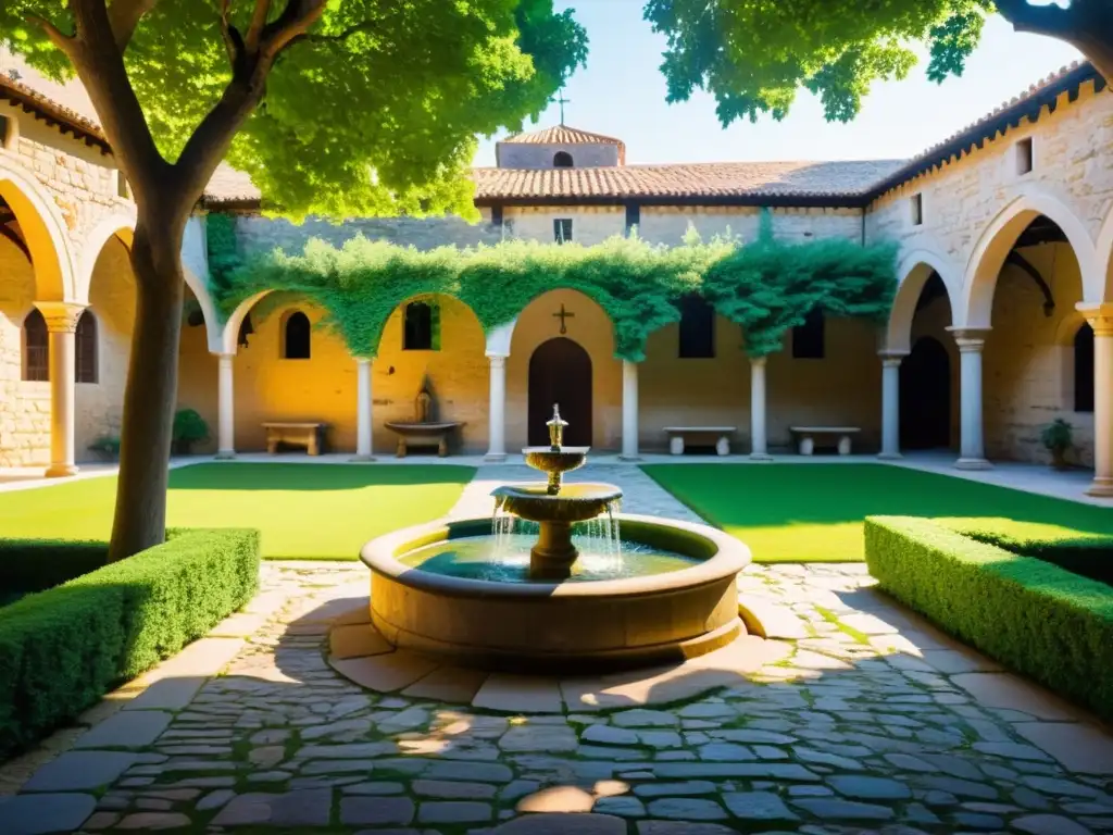 'Retiros espirituales en monasterios históricos: Patio sereno de un antiguo monasterio, con muros de piedra y exuberante vegetación