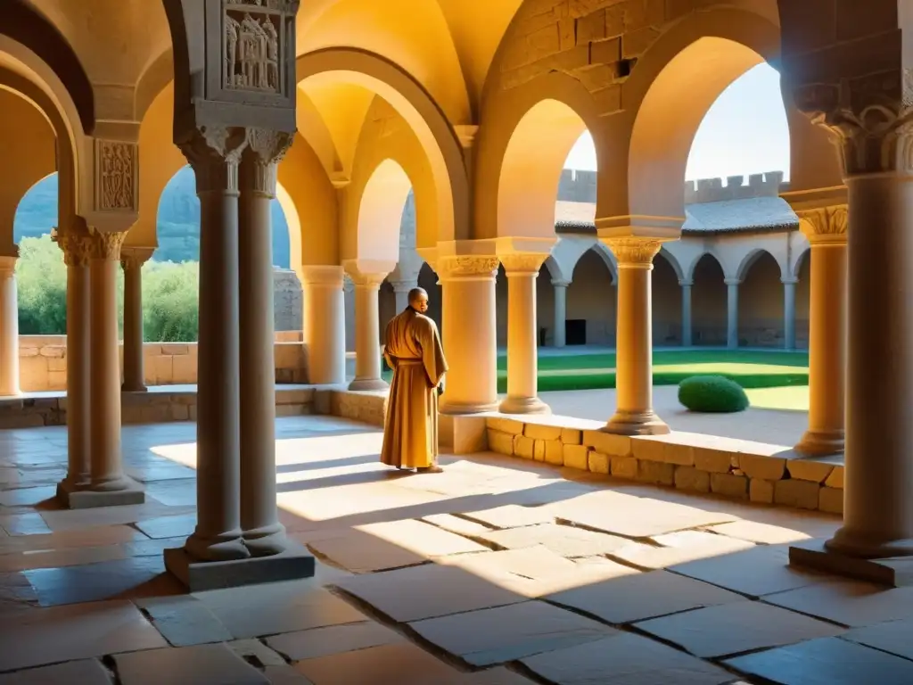 Retiros espirituales en monasterios históricos: Un antiguo claustro iluminado por el cálido sol, con arcos de piedra y una figura en meditación