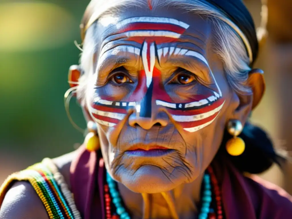 Retrato de una anciana indígena con arte étnico y tradiciones culturales, irradiando sabiduría y resiliencia bajo la cálida luz del sol