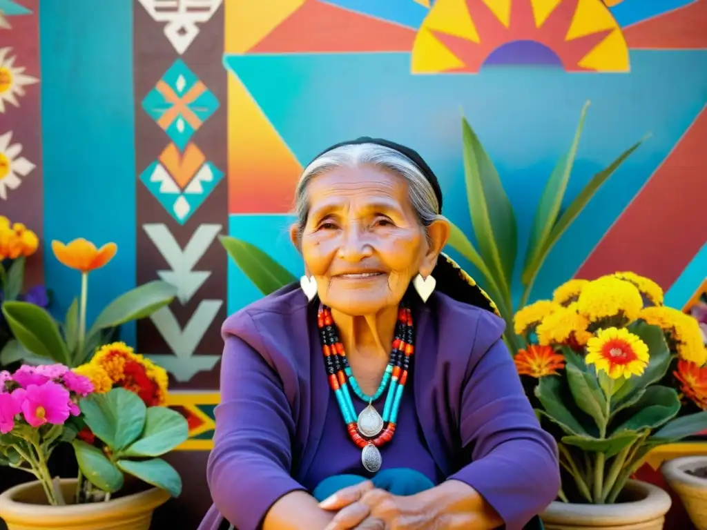 Retrato de una anciana Nahua en vestimenta tradicional, rodeada de flores vibrantes y un mural colorido