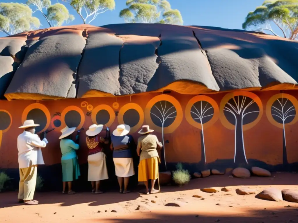 Un retrato de ancianos aborígenes australianos pintando arte rupestre en la árida Outback, conectando con su herencia ancestral