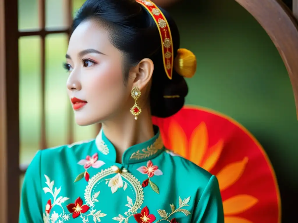 Un retrato cercano de un ao dai vietnamita, resaltando su bordado intrincado y colores vibrantes