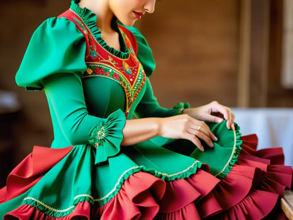 Un retrato detallado y apasionado de artesanos confeccionando un traje de flamenca, evocando la tradición y artesanía
