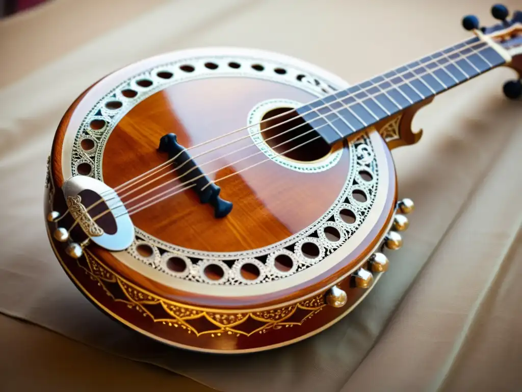 Un retrato detallado de un sitar, un instrumento de cuerda tradicional de la India, destacando su artesanía y belleza