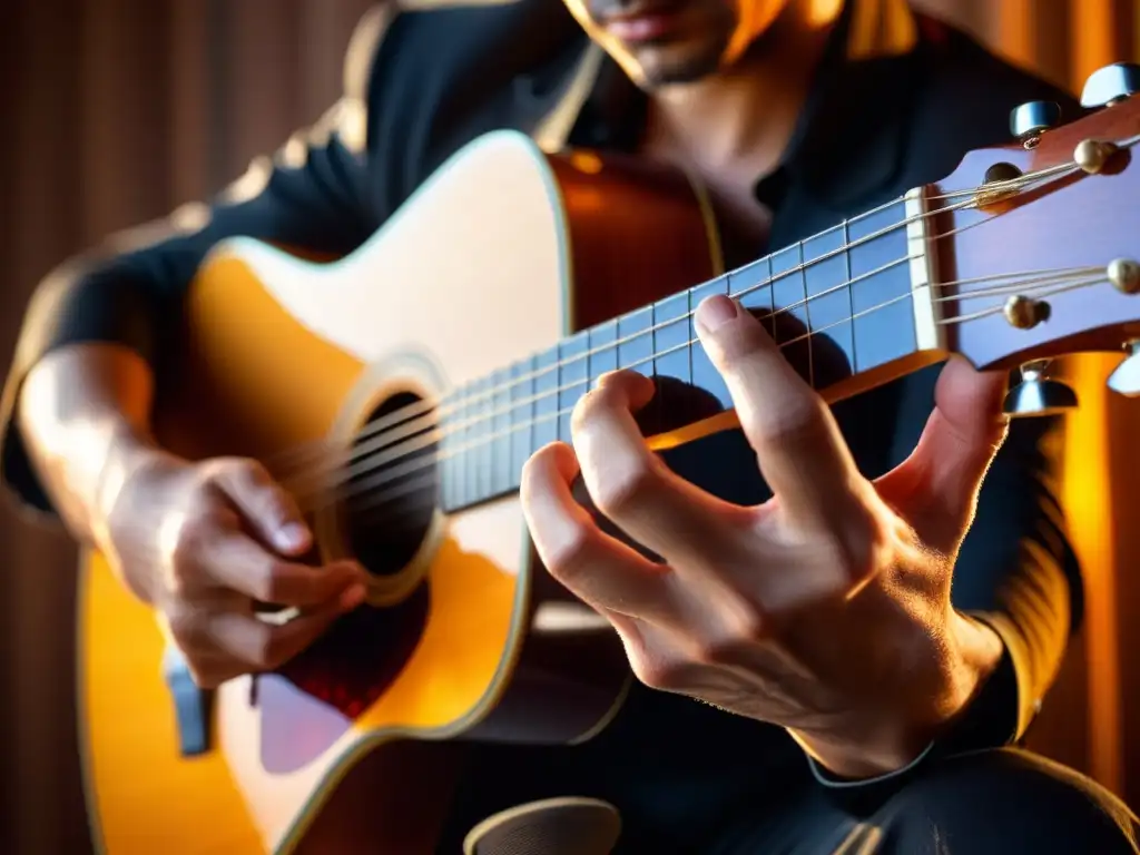 Un retrato detallado de las manos de un guitarrista de flamenco, bañadas en cálida luz dorada, revelando la pasión y precisión de la música flamenca