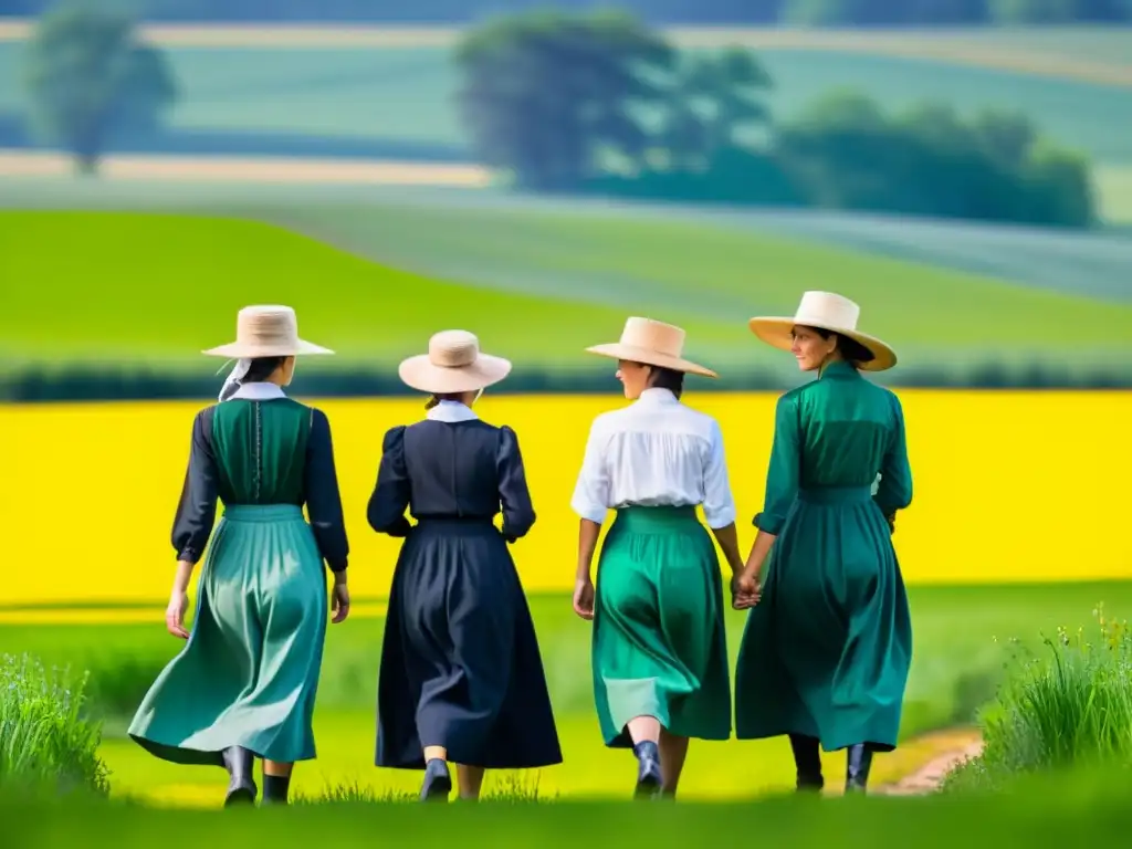 Un retrato documental impresionante de mujeres amish caminando por un campo soleado, con influencia moda Amish minimalismo contemporáneo