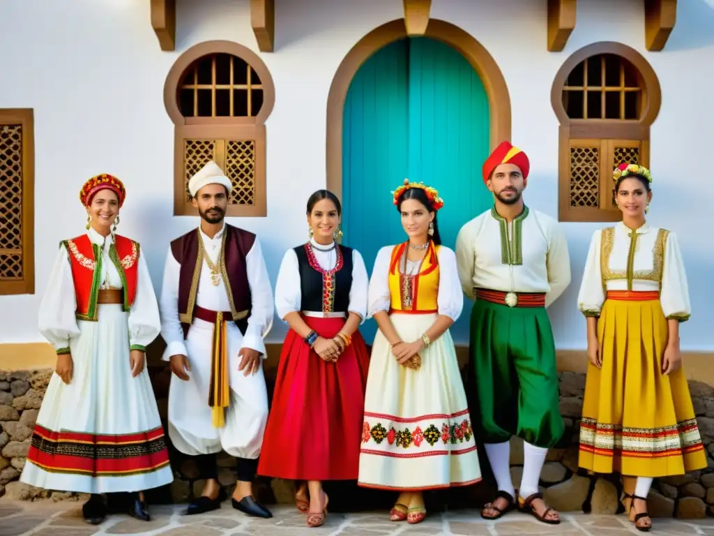 Un retrato documental en alta resolución de un grupo luciendo atuendo tradicional islas Canarias, resaltando colores vibrantes y detalles únicos