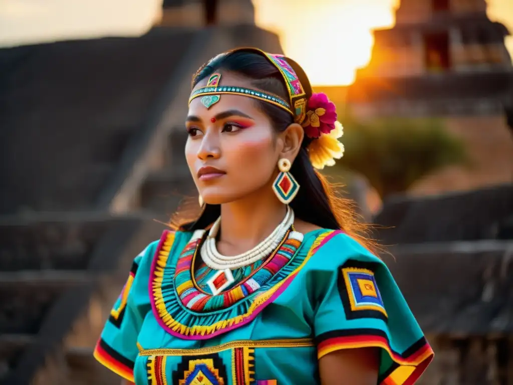 Retrato de mujer maya con huipil bordado, en ruinas mayas al atardecer, evocando resurgimiento huipiles en pasarelas internacionales