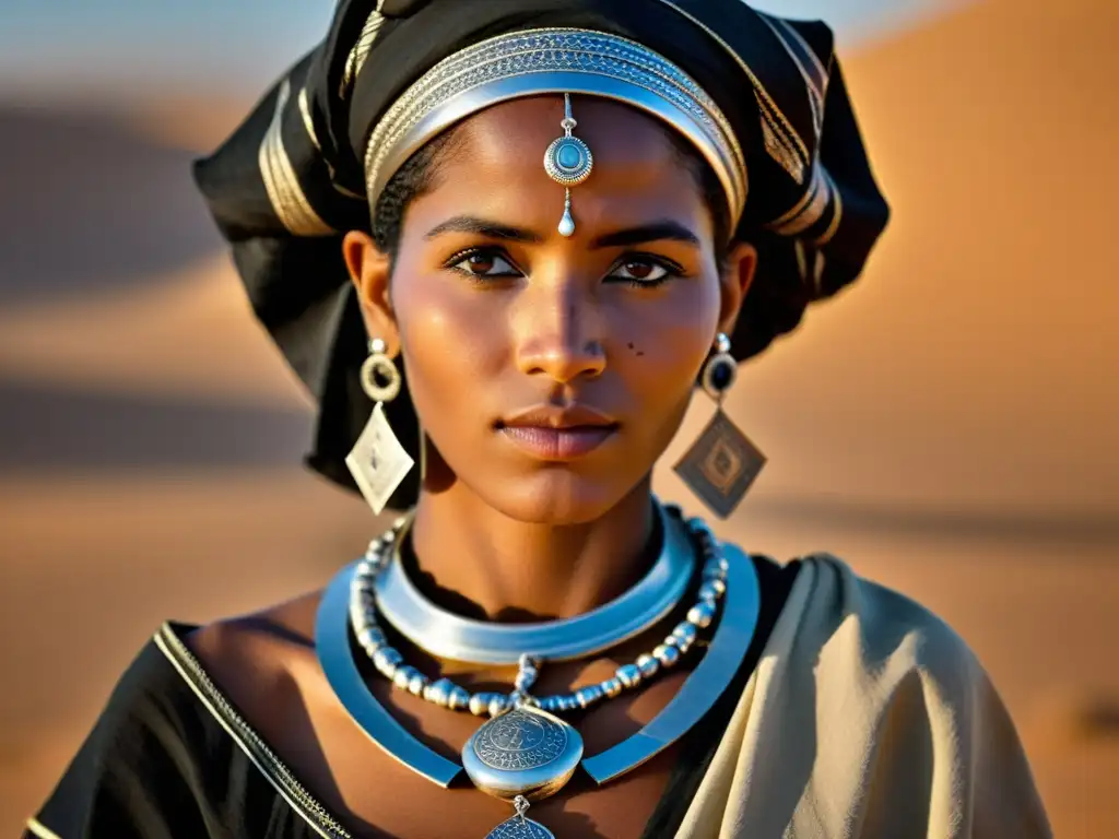 Retrato de una mujer tuareg con joyas tradicionales: significado cultural y simbolismo de las joyas Tuareg en el desierto del Sahara