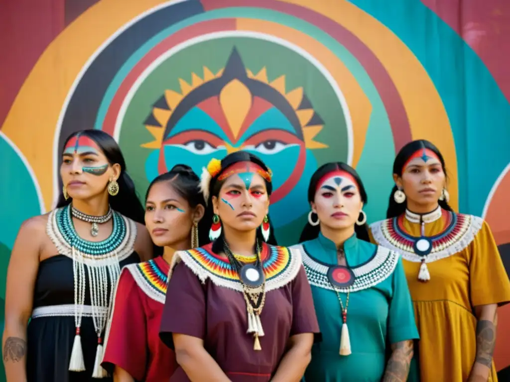 Un retrato de mujeres indígenas con atuendos tradicionales y tatuajes faciales, frente a un mural colorido que representa su herencia cultural