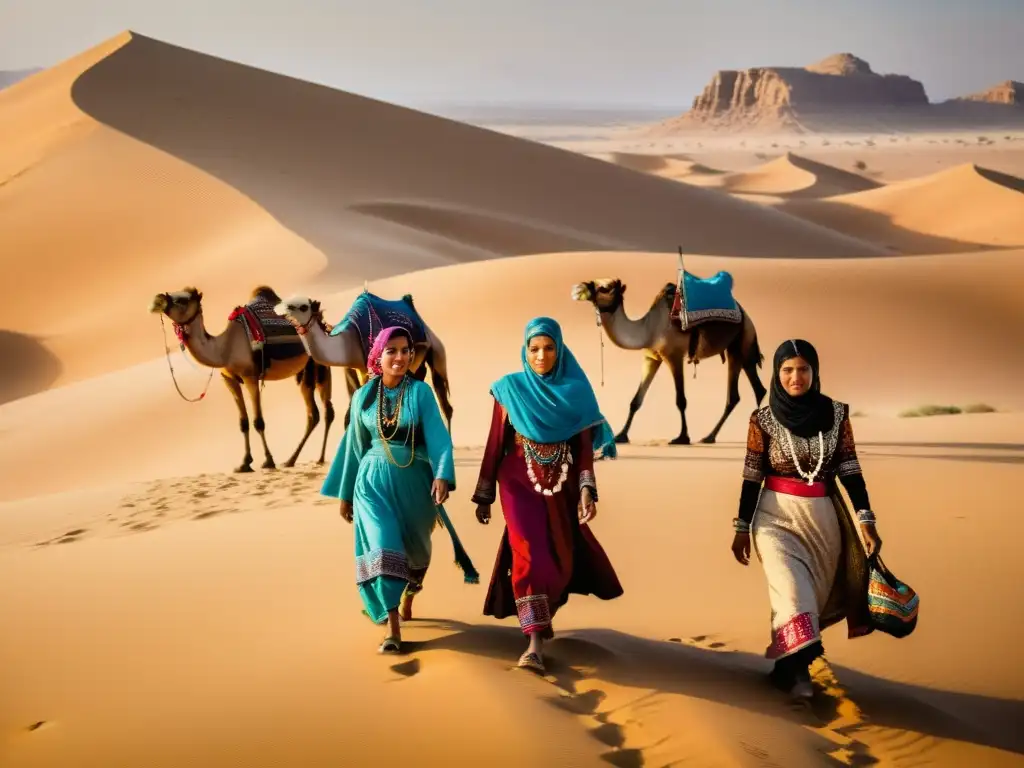 Un retrato vibrante de mujeres beduinas en el desierto árabe, rodeadas de camellos, evocando la cultura beduina y la belleza del desierto