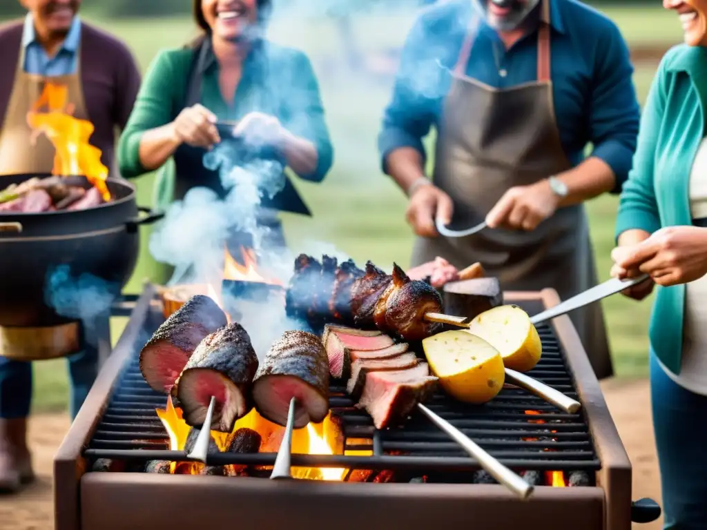 Reunión tradicional de asado argentino con amigos y familia alrededor del fuego, capturando la convivialidad y tradición de asado alrededor del mundo