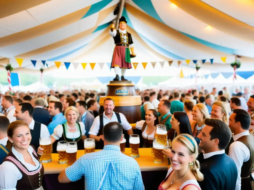 Reveladores en trajes bávaros brindan en una tienda bulliciosa del Oktoberfest en Múnich, bajo la atenta mirada de la estatua de Bavaria