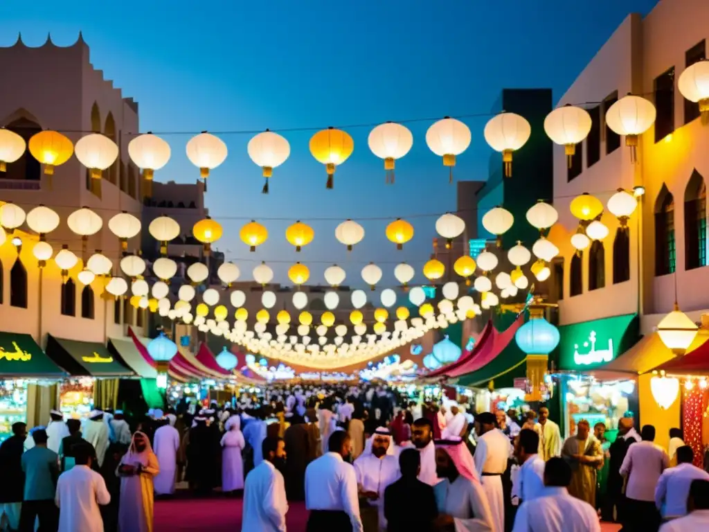 Ramadán en Riad, Arabia Saudita: vibrante escena callejera durante el mes sagrado, con luces y decoraciones coloridas