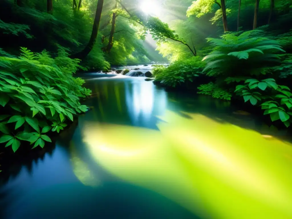 Un río cristalino fluye suavemente entre árboles, reflejando la espiritualidad de los elementos sagrados en la naturaleza indígena