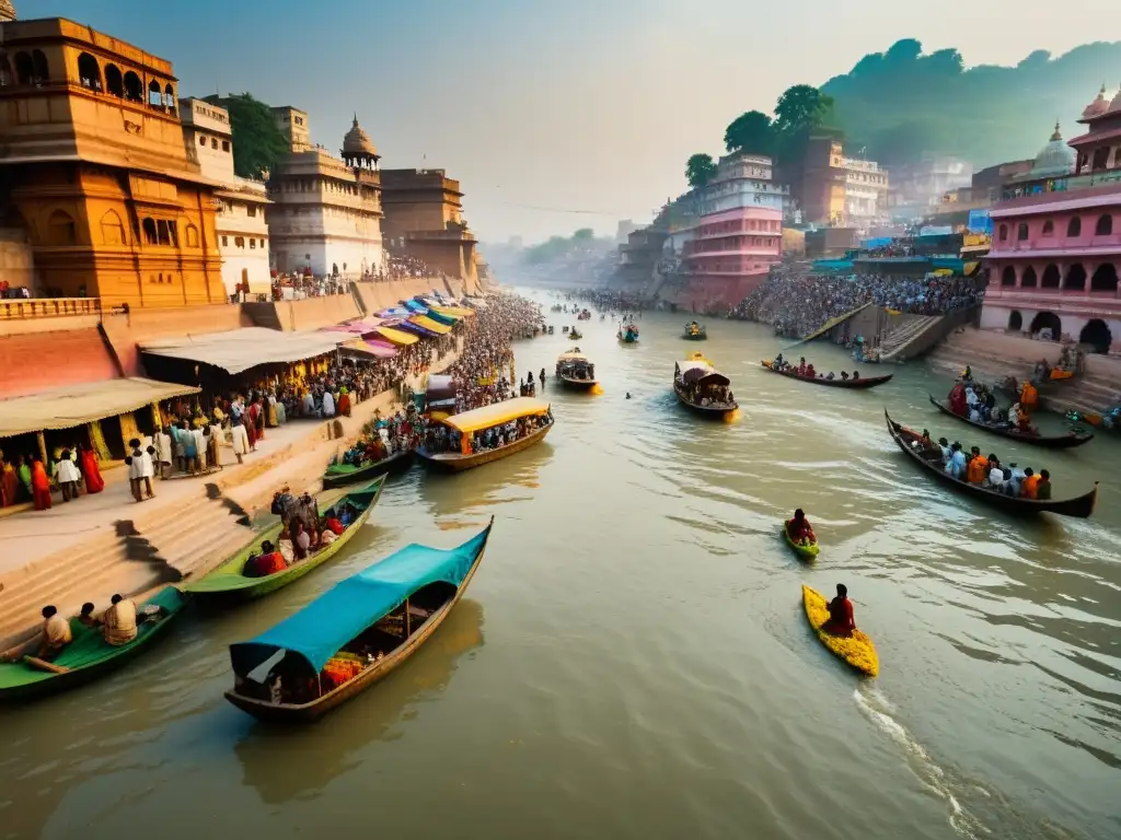 El río sagrado Ganges en India, con rituales religiosos en las ghats y barcos coloridos, muestra la dualidad entre lo espiritual y la contaminación