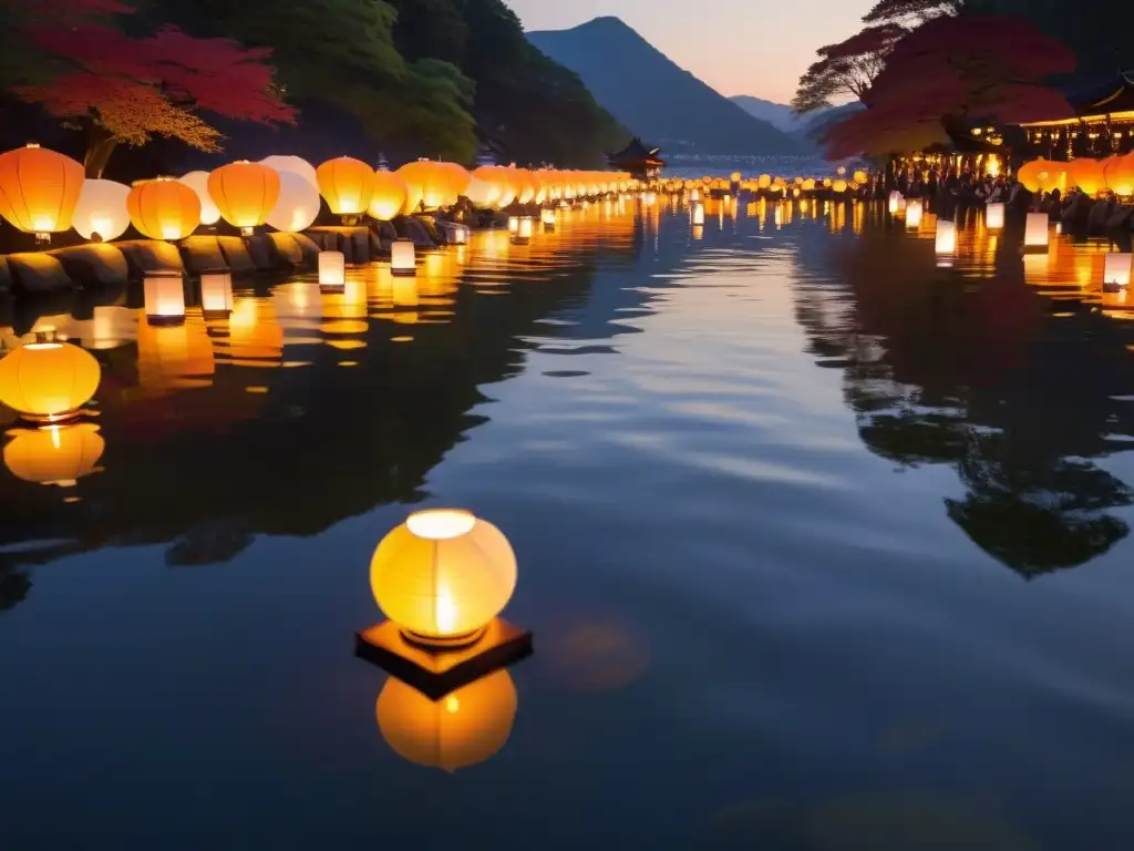 Un río sereno al anochecer, con linternas flotantes y mensajes escritos
