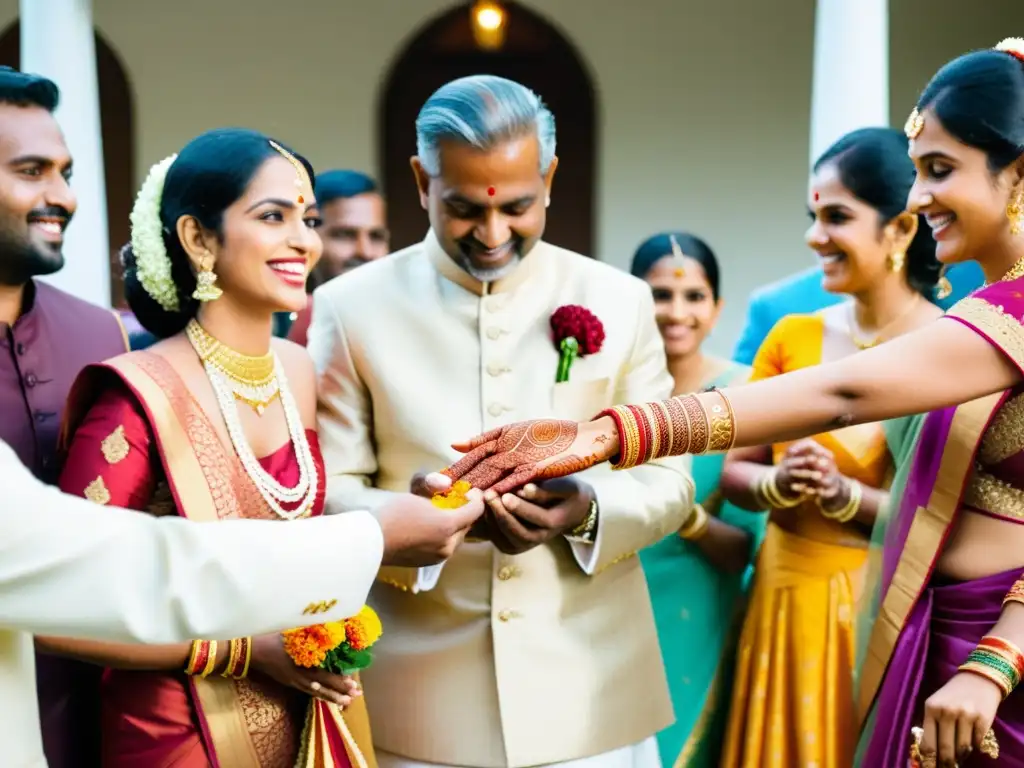 Ritos de amor en bodas Sri Lanka: Ceremonia tradicional al aire libre con decoraciones vibrantes, novia en sari y novio realizando un ritual