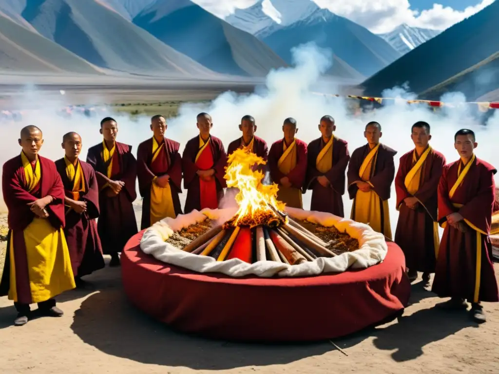 Ritos funerarios en el Tíbet: Monjes tibetanos en círculo alrededor de una pira funeraria, con los imponentes Himalayas de fondo