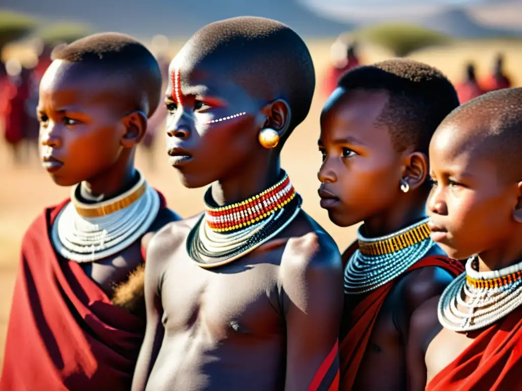 Ritos de iniciación Masái: Jóvenes Masái en ceremonia tradicional al atardecer en la sabana africana