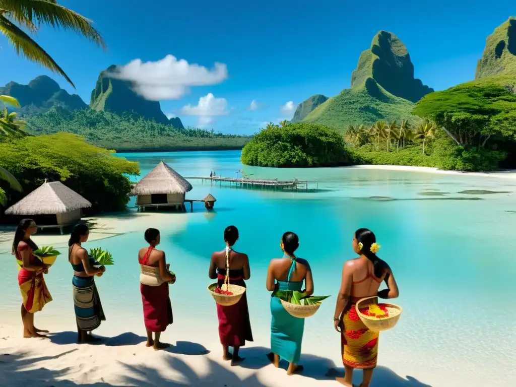 Ritos de purificación en Micronesia: Al borde de la laguna, aldeanos visten trajes tradicionales, cargando cestas de flores para la ceremonia