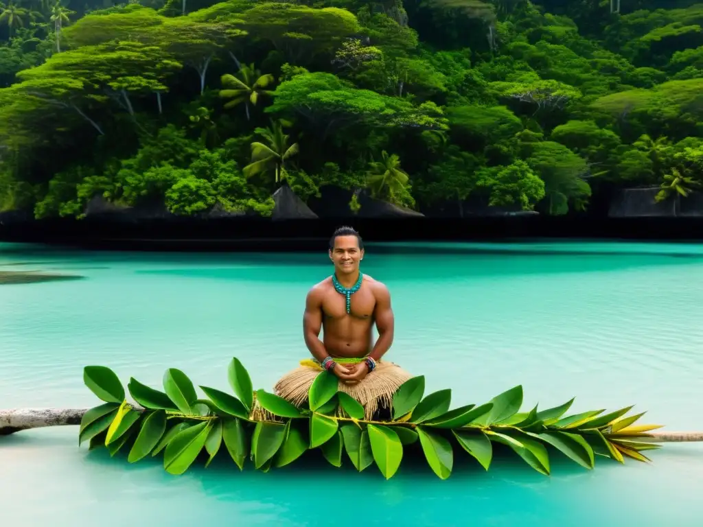 Ritos de purificación en Micronesia: Ceremonia tribal en una laguna cristalina, con ancianos guiando rituales sagrados entre exuberante vegetación