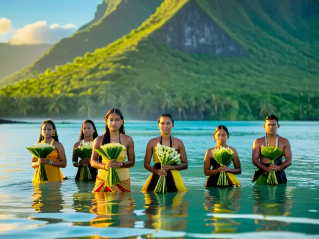 Ritos de purificación en Micronesia: Indígenas participan en ceremonia con hierbas y flores, bajo el cálido sol del atardecer sobre el océano