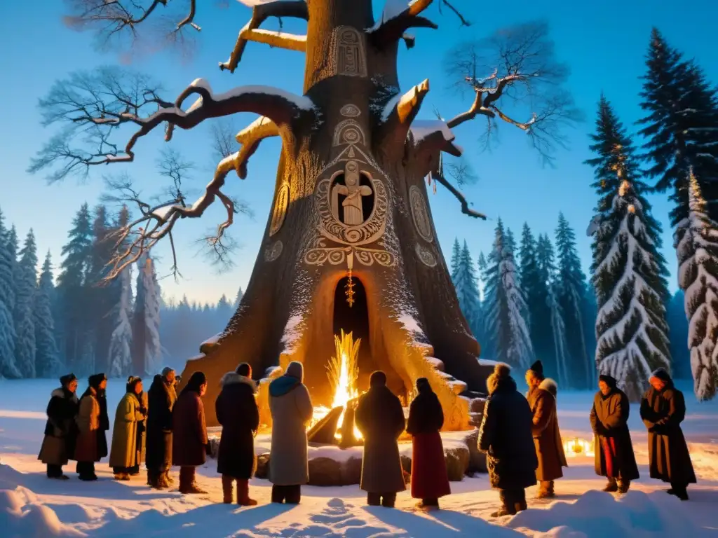 Ritual de veneración al árbol sagrado en Siberia, entre antiguos árboles nevados y reverencia ancestral