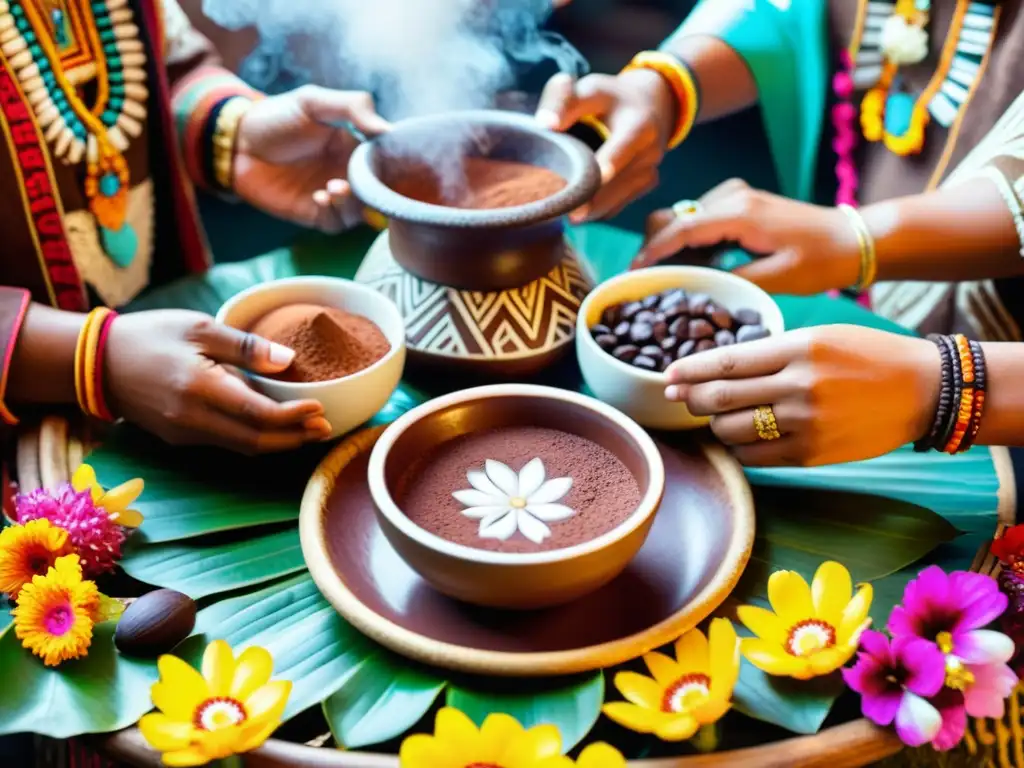 Un ritual azteca del cacao en alta resolución, con individuos vestidos en atuendos tradicionales, rodeados de flores y ofrendas