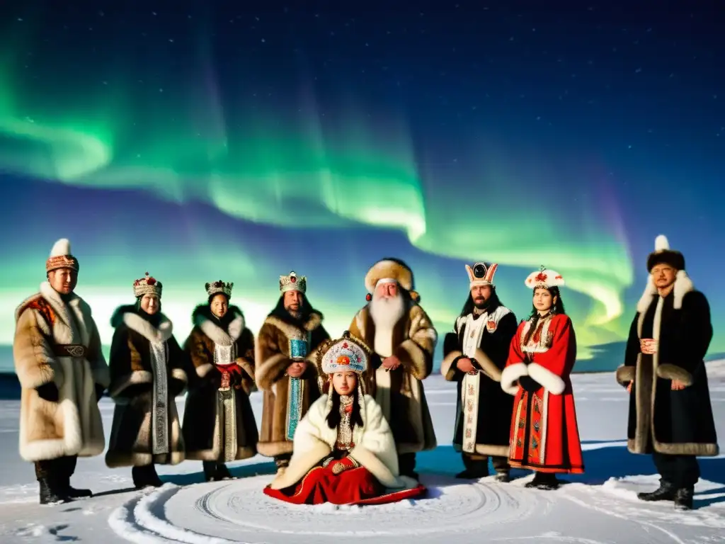 Un ritual de boda siberiano en la tundra nevada, con trajes tradicionales y auroras boreales