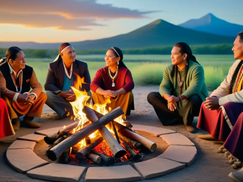 Ritual de la comunidad nativa alrededor del fuego, destacando la cultura y los Derechos culturales de los nativos americanos