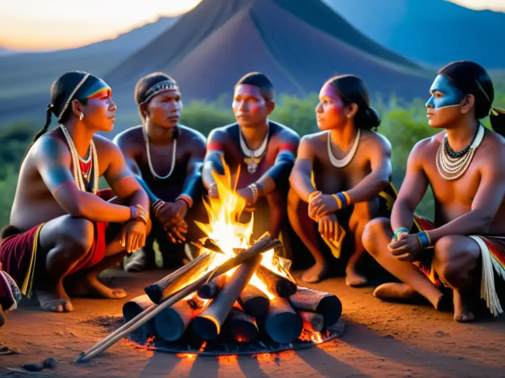 Ritual cultural de la comunidad Ayoreo Chaco alrededor del fuego, destacando sus trajes y conexión comunitaria