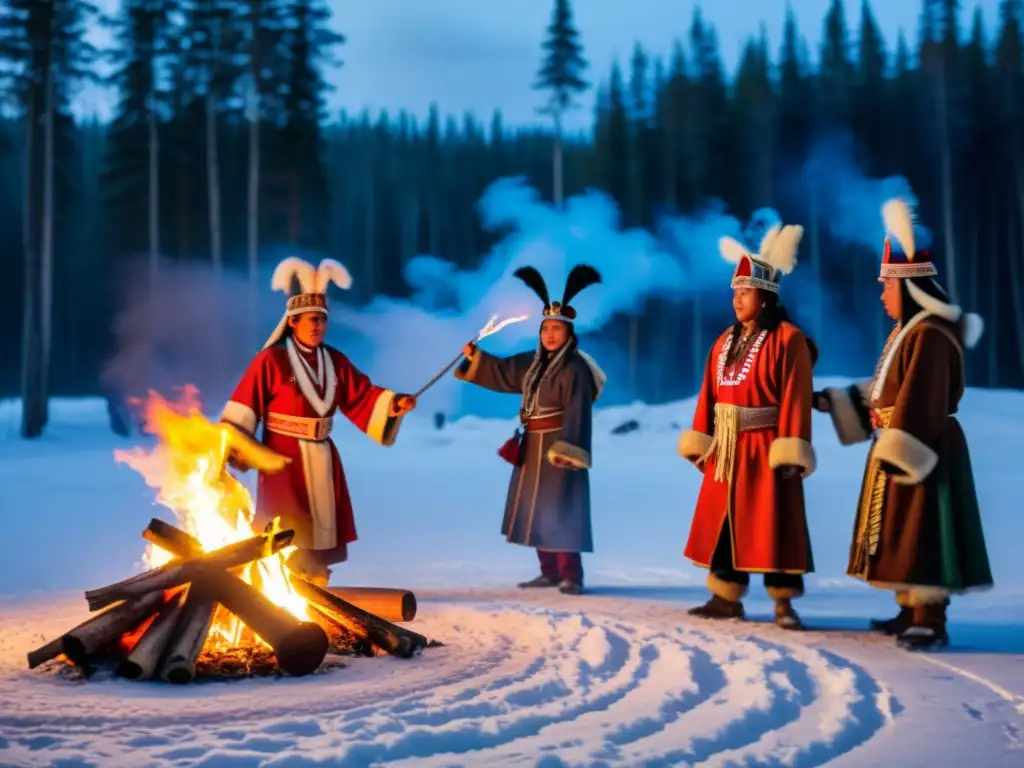 Ritual de la Danza del Oso en Siberia: grupo indígena bailando alrededor de un gran fuego en el bosque nevado, creando una atmósfera mística y cultural