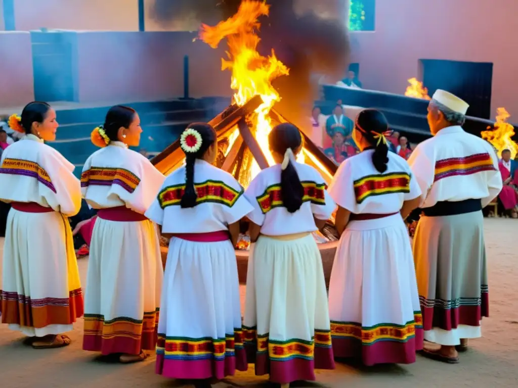 Ritual de danza zapoteca alrededor del fuego en Oaxaca, mostrando tradición zapoteca en Oaxaca