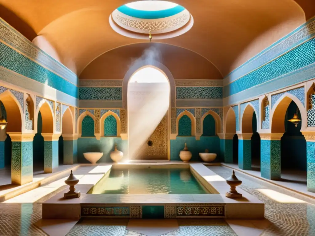 Ritual del Hammam en África del Norte: Detalle de un hammam tradicional con hermosos azulejos y personas disfrutando del baño de vapor