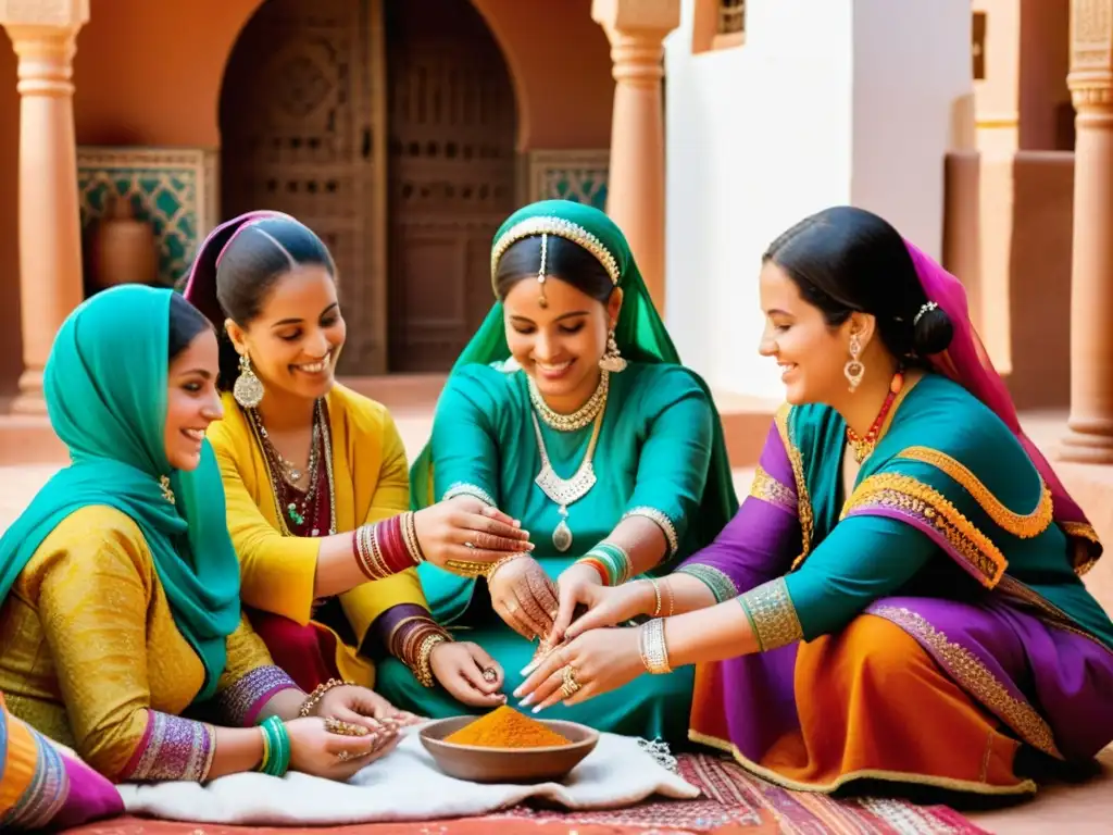 Ritual de henna en tradiciones matrimoniales novia bereber: mujeres aplicando diseños elaborados con henna en un patio soleado