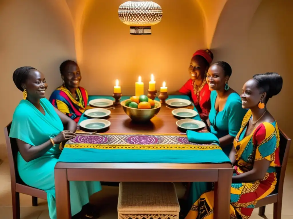 Un ritual de hospitalidad en Senegal: mesa elegante con textiles vibrantes, cerámica tradicional y gente disfrutando de la comida y la conversación